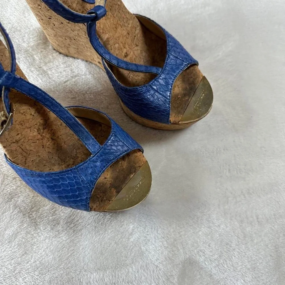 Jimmy Choo blue snake skin embossed leather platform cork wedge sandals y2k